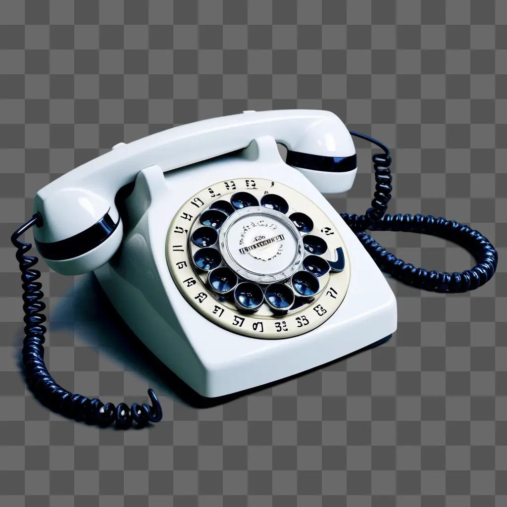 rotary phone with a black cord and a blue dial