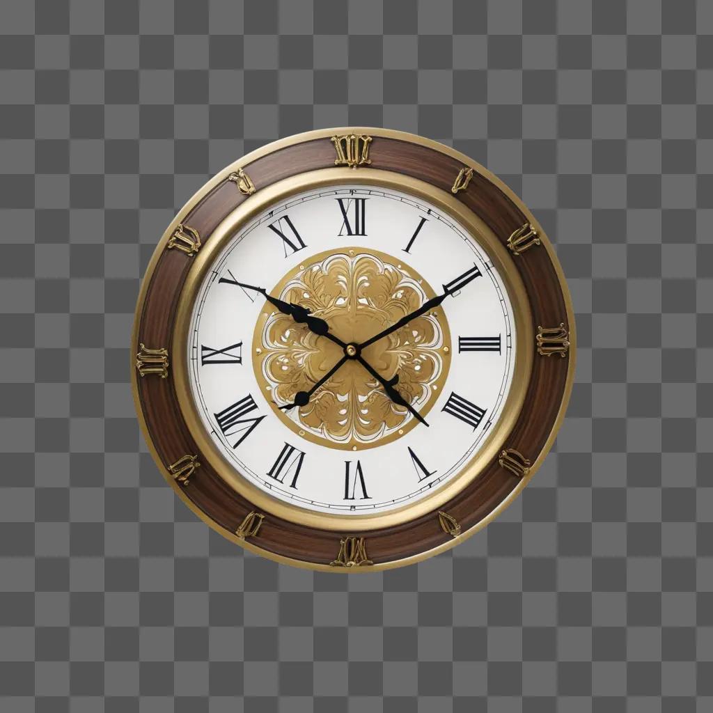 round clock with Roman numerals and a gold border