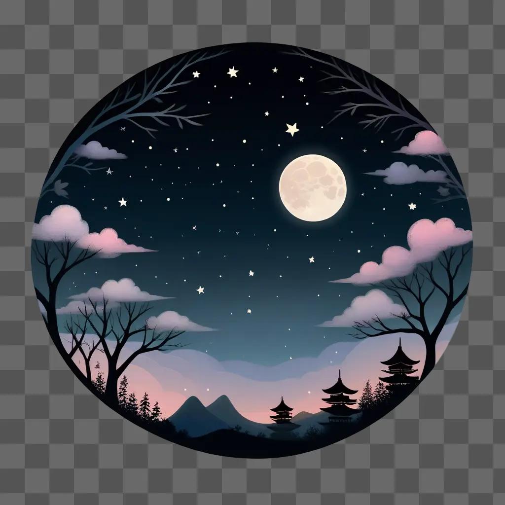 round drawing of a cute moon in the night sky