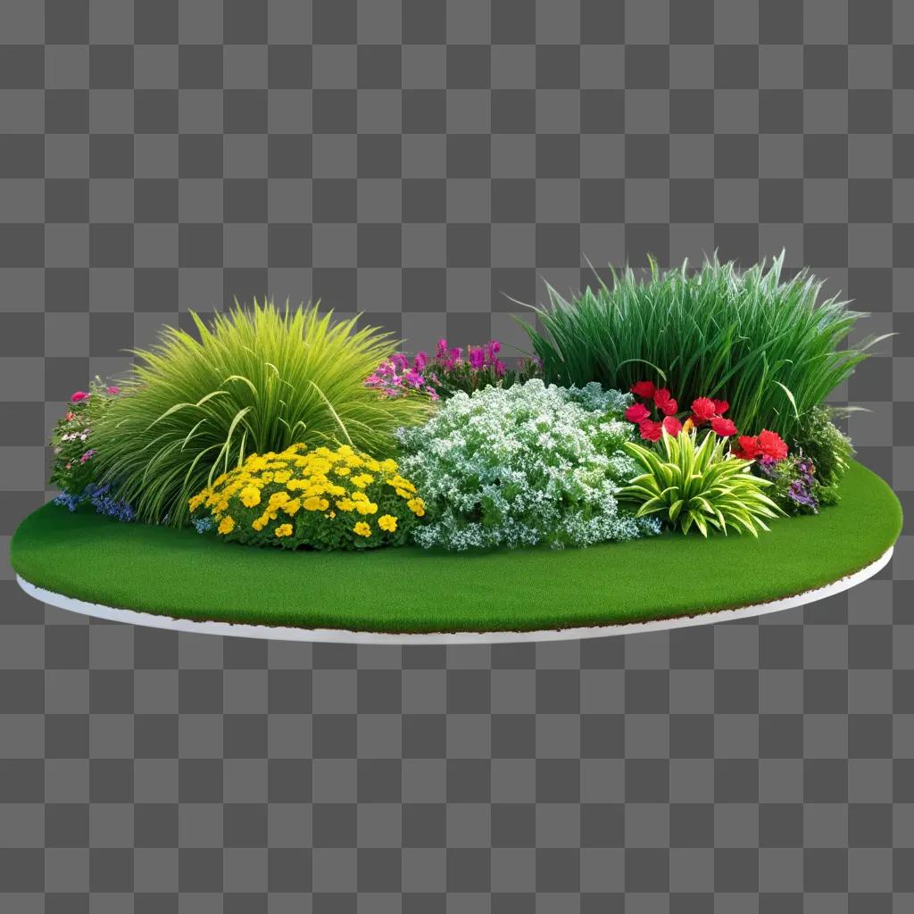 round garden with colorful flowers and grass border