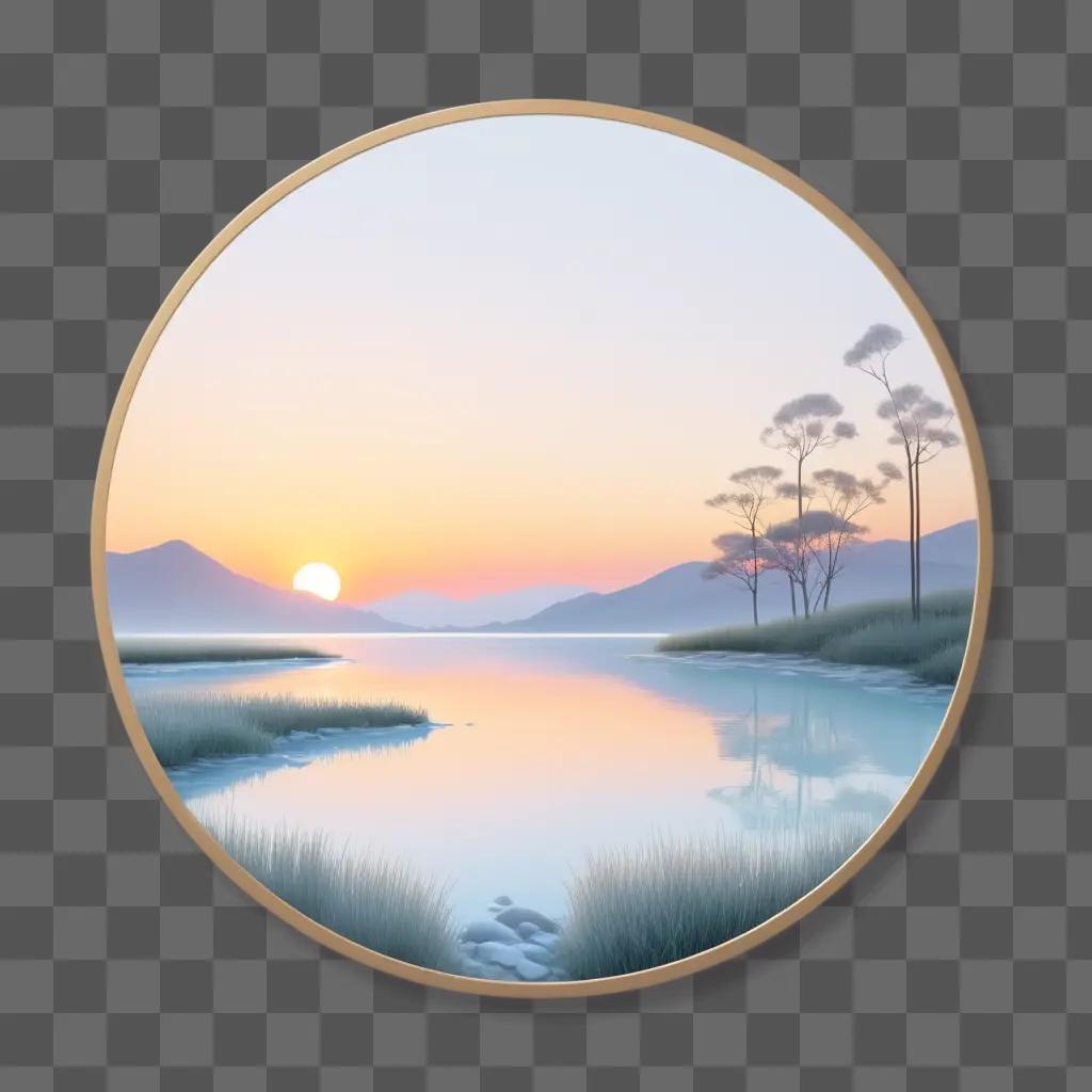 round mirror with a serene landscape and sunset