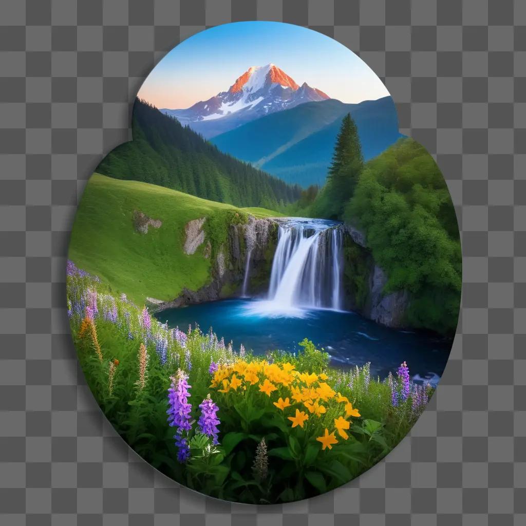 round mirror with a view of a mountain and a waterfall