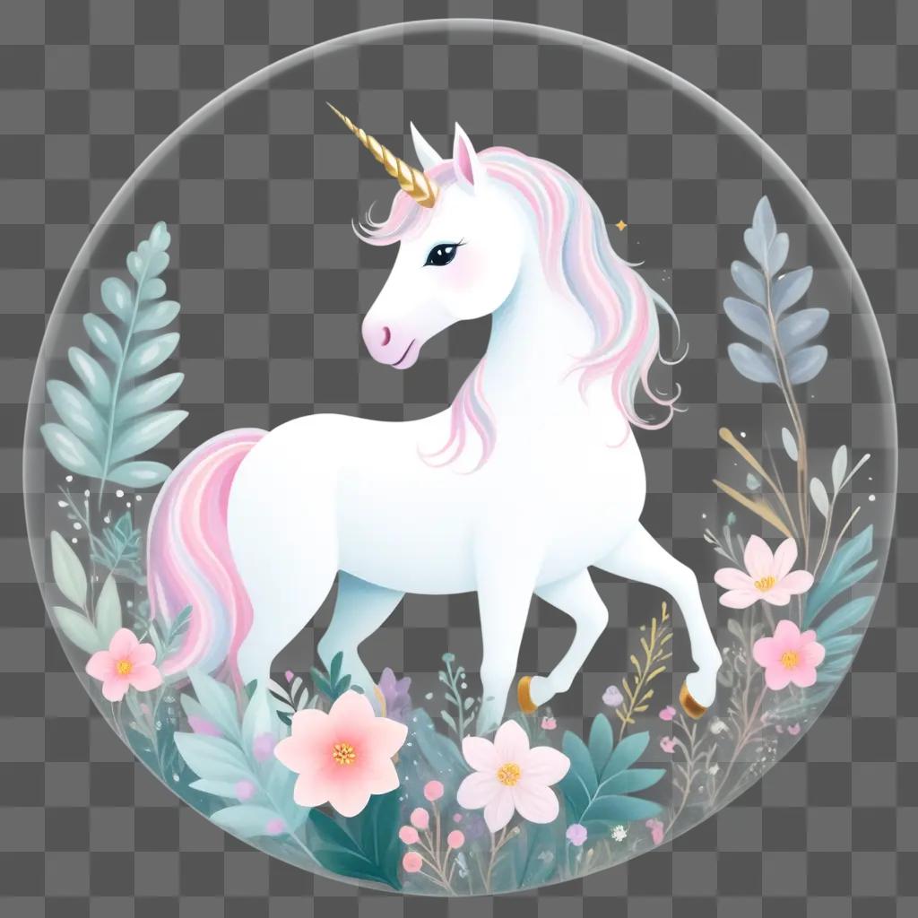 round token with a white unicorn and pink flowers