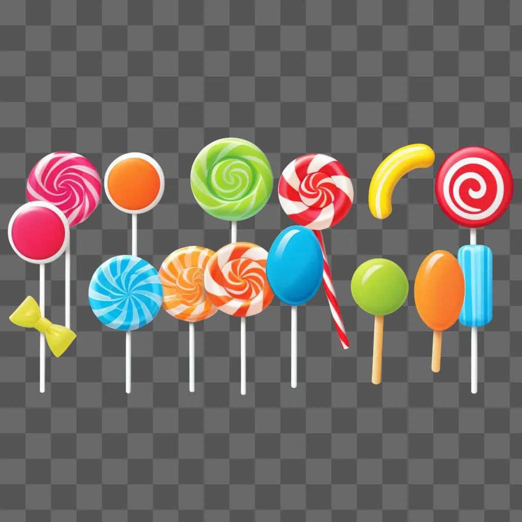 row of candy lollipops with different colors and shapes