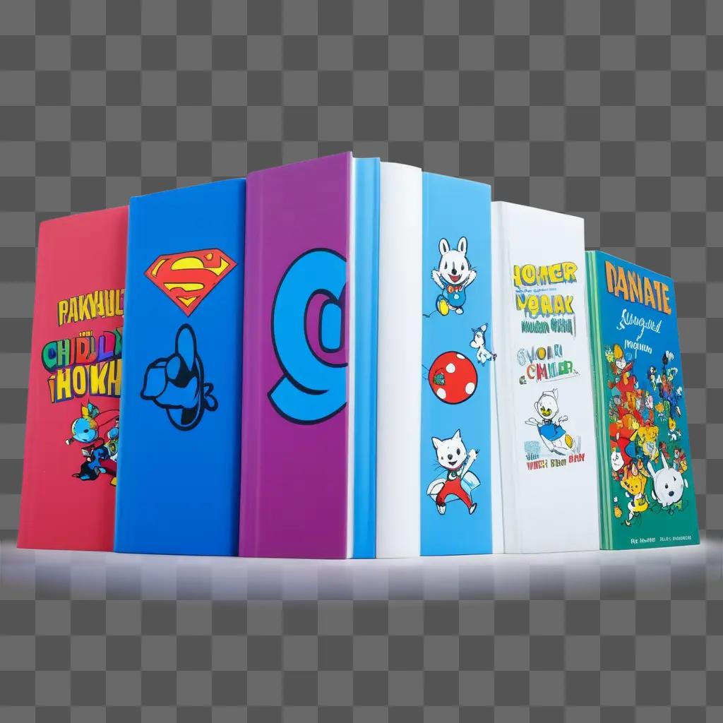 row of cartoon books with various characters on them