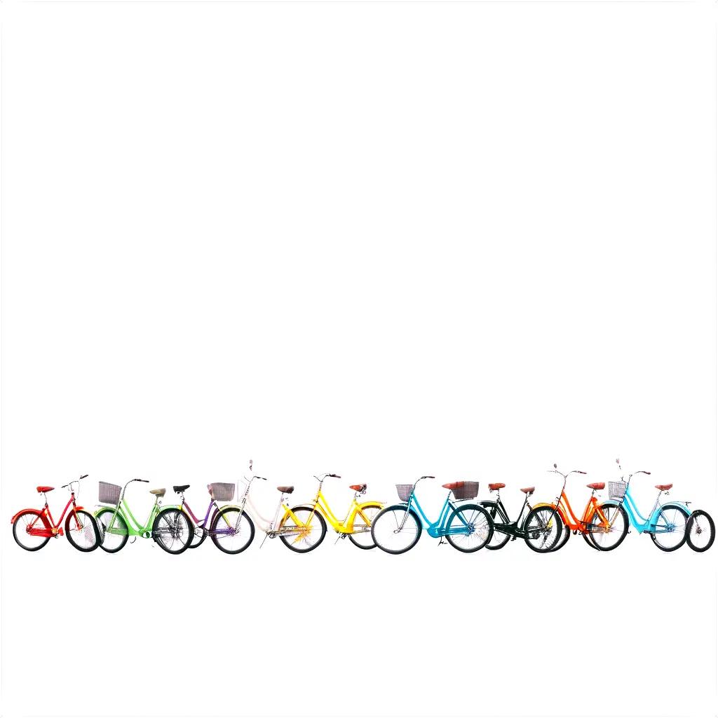 白い背景にカラフルな自転車の列
