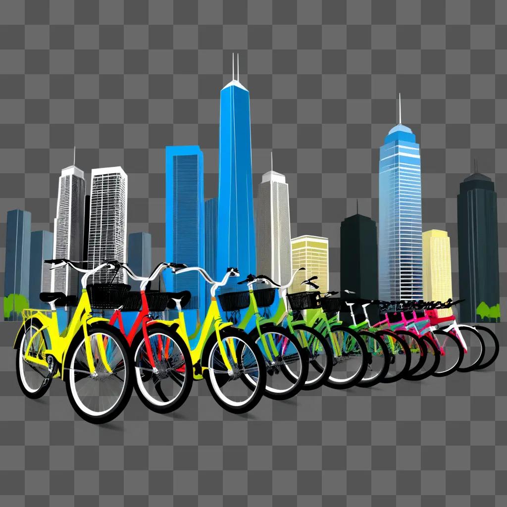 row of colorful bikes in a cityscape