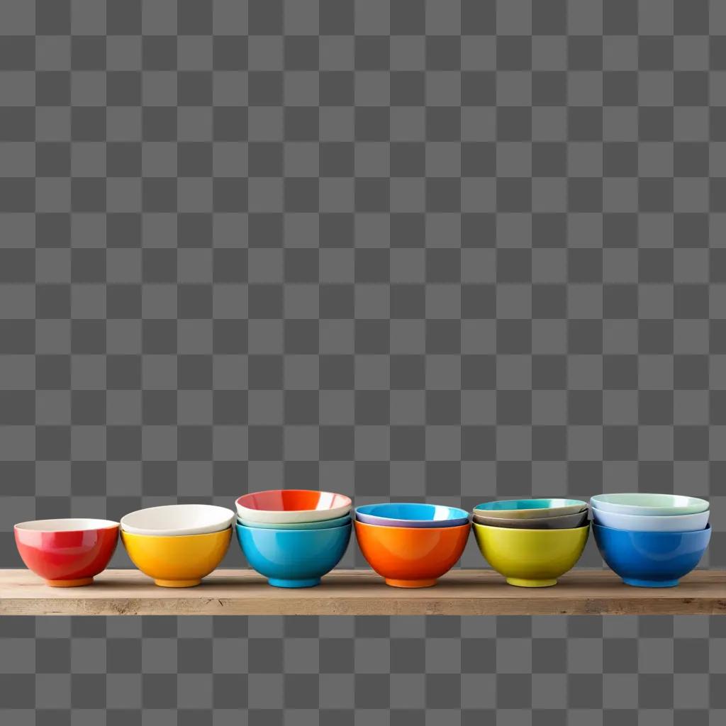 row of colorful bowls on a shelf