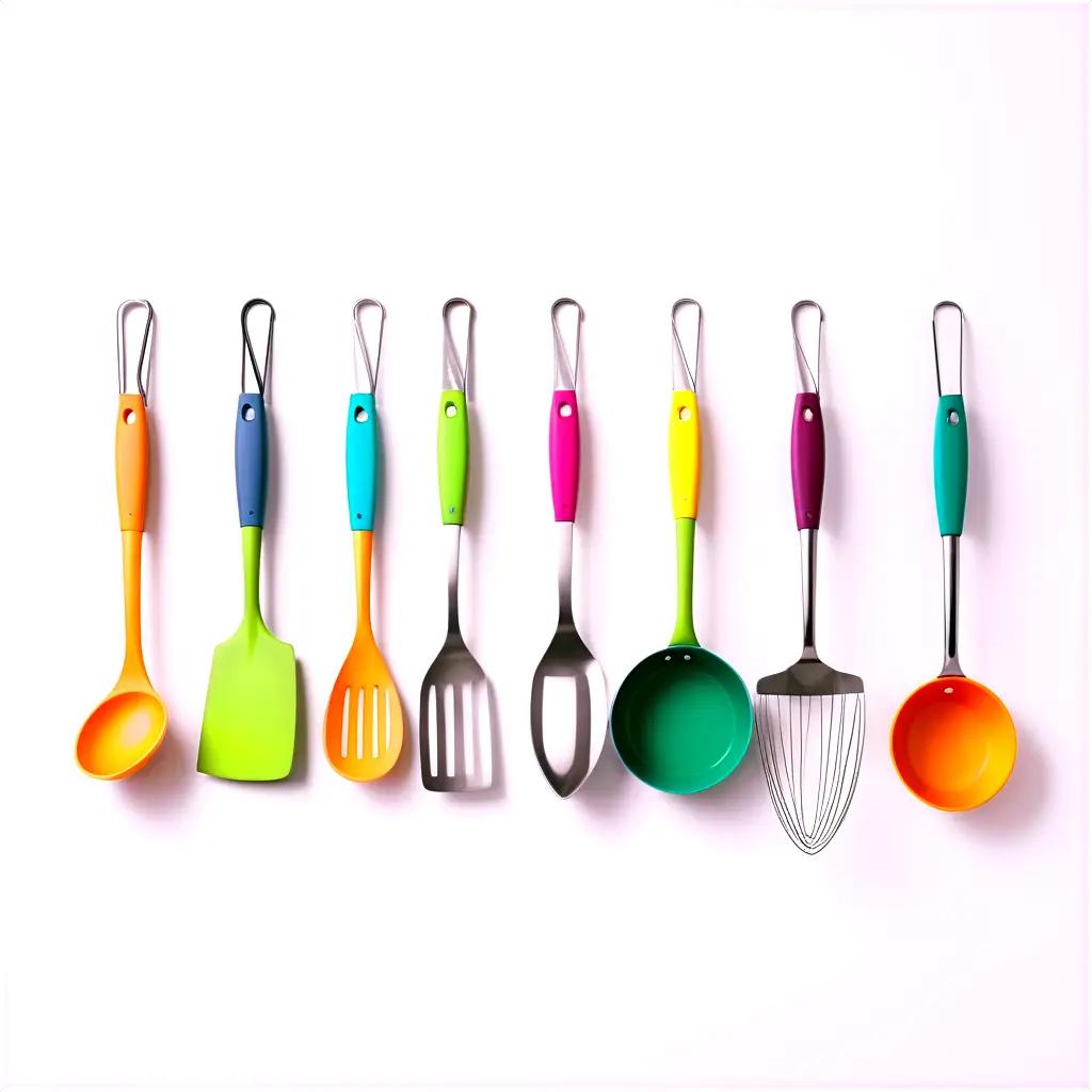 row of colorful kitchen utensils on a white background