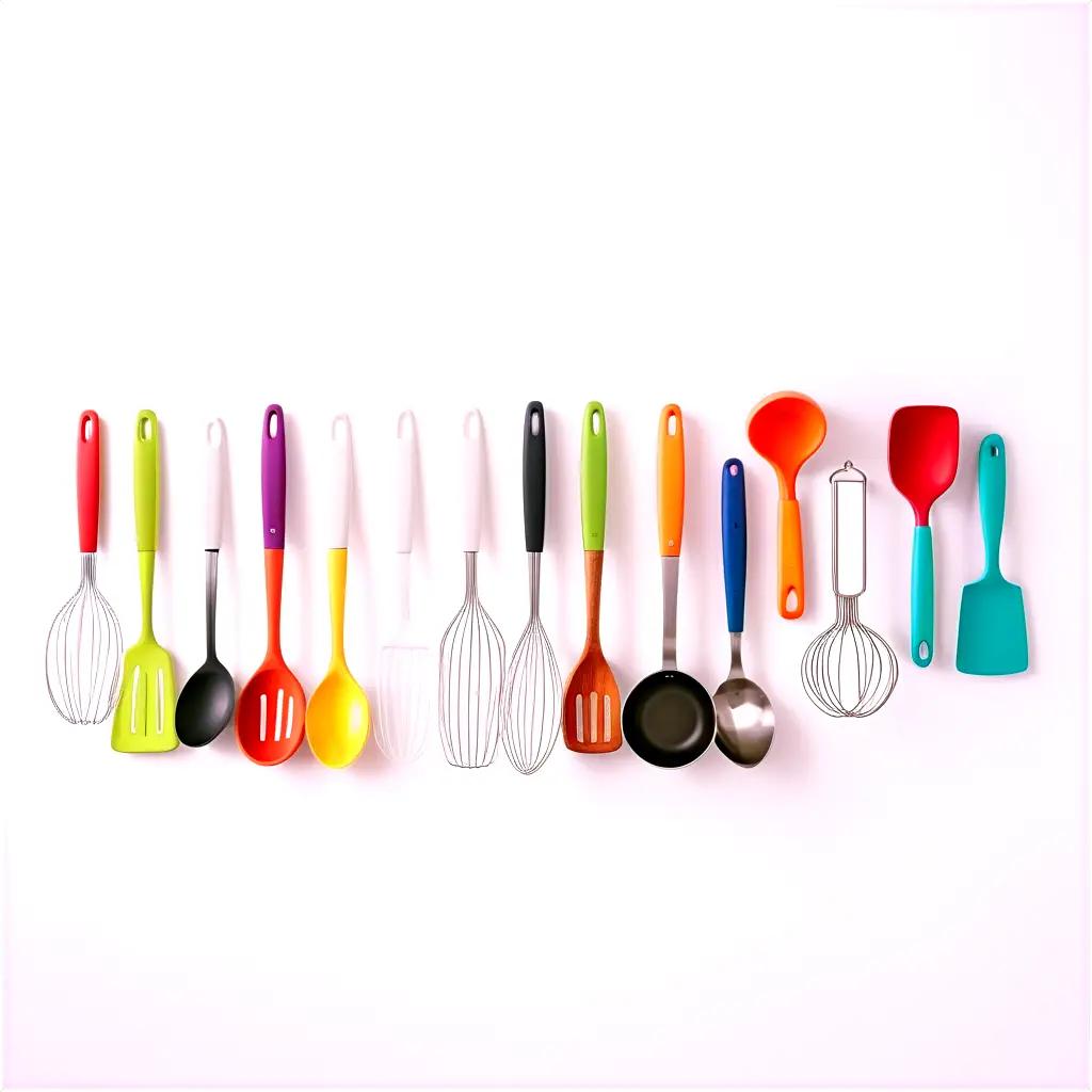 row of colorful kitchen utensils on a white background