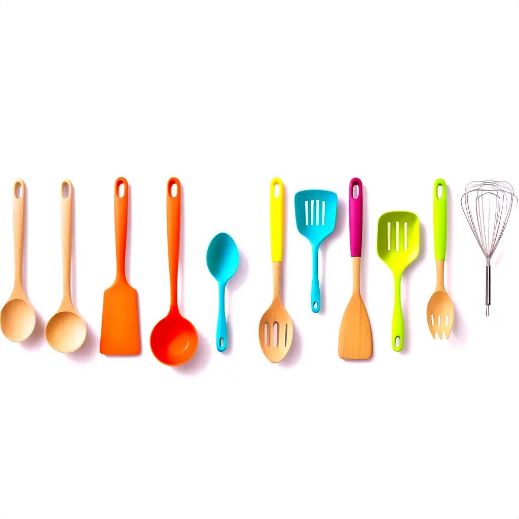 row of colorful kitchen utensils stands against a white background