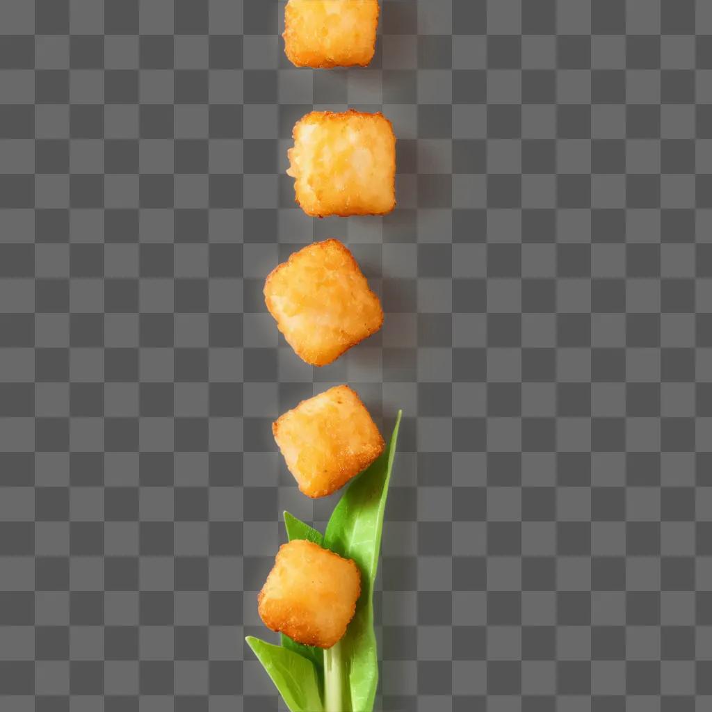 row of fried tater tots on a leaf