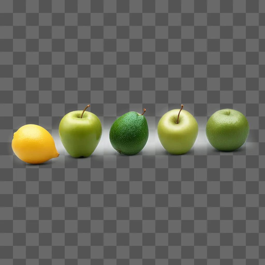 row of small green apples and a lemon