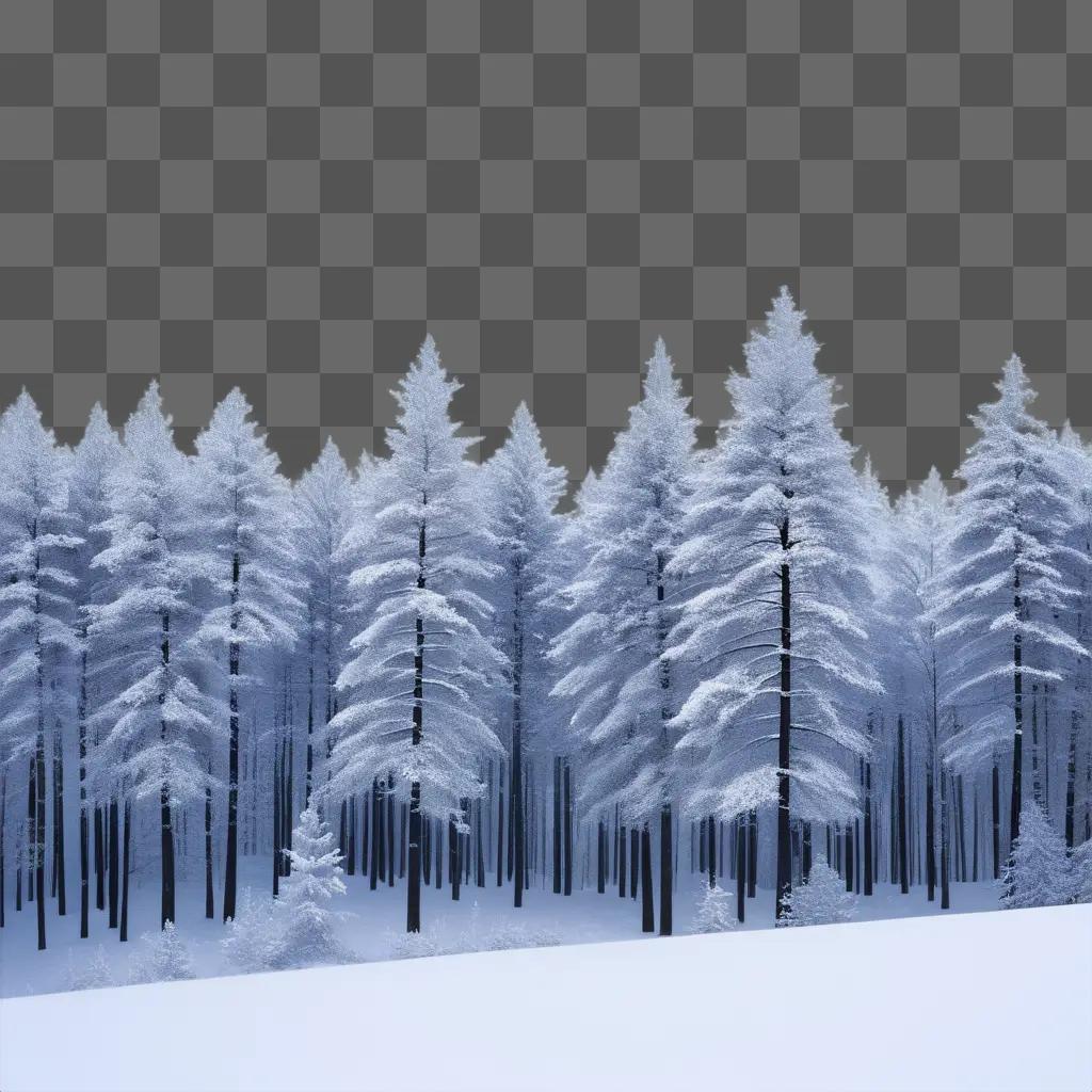 row of snow-covered trees stands in the snow