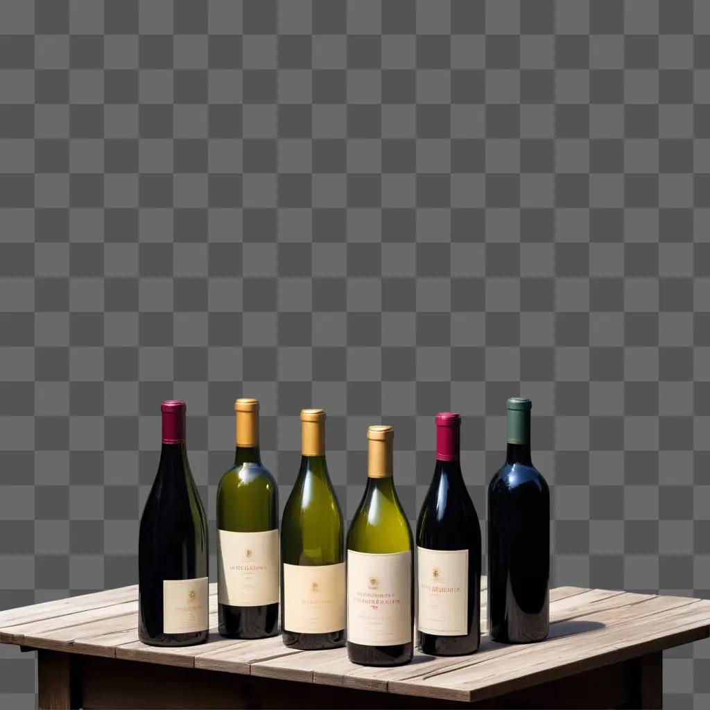 row of wine bottles sit on a wooden table