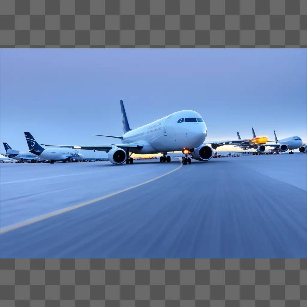 rplanes taxi on a runway at dusk