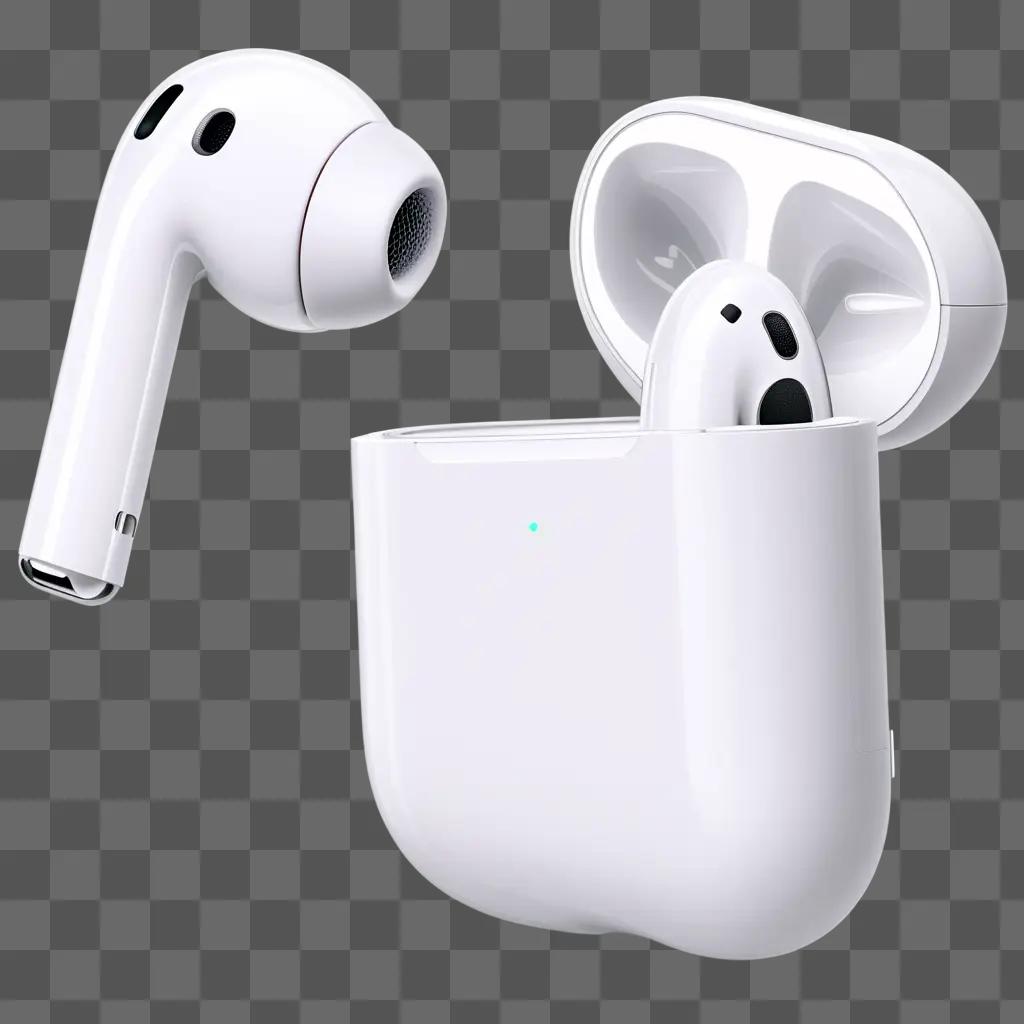 rpods charging case and earphones on white background