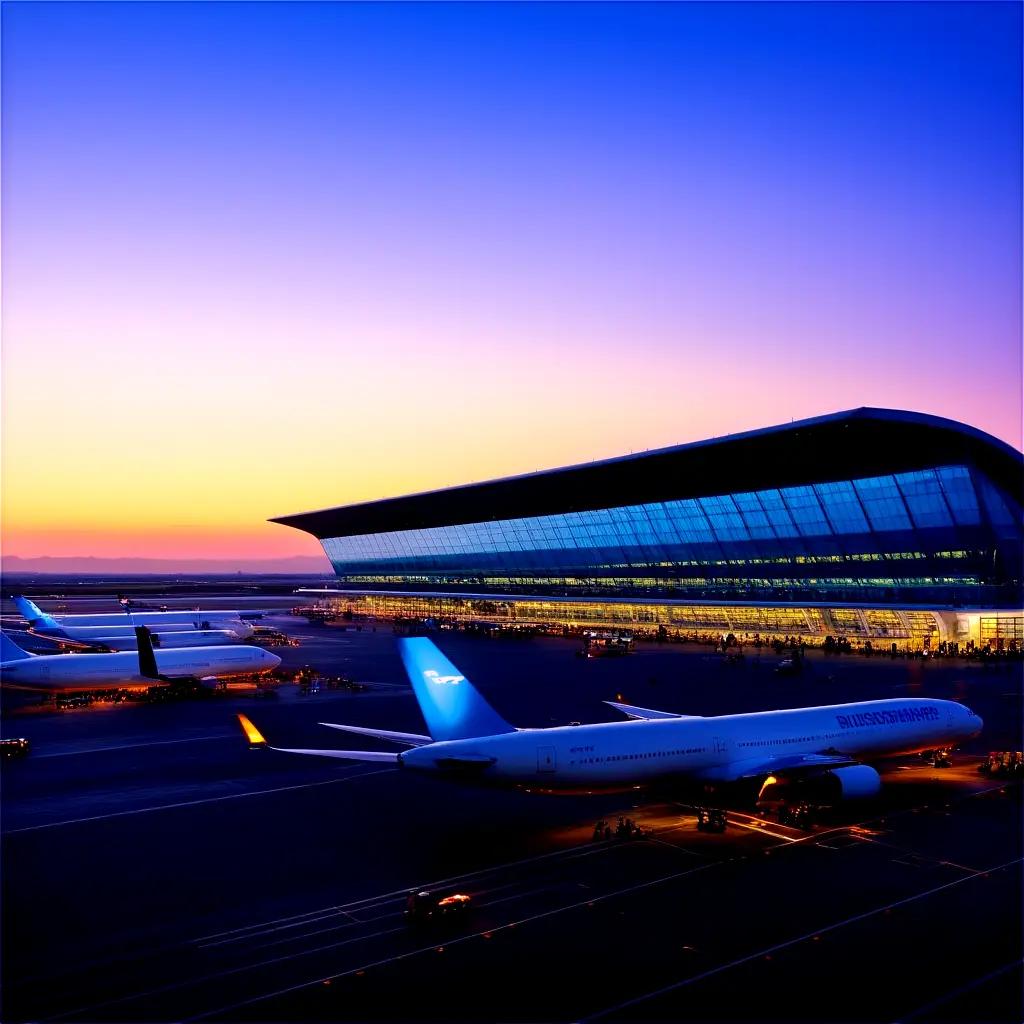 rport at dusk with parked planes and lights