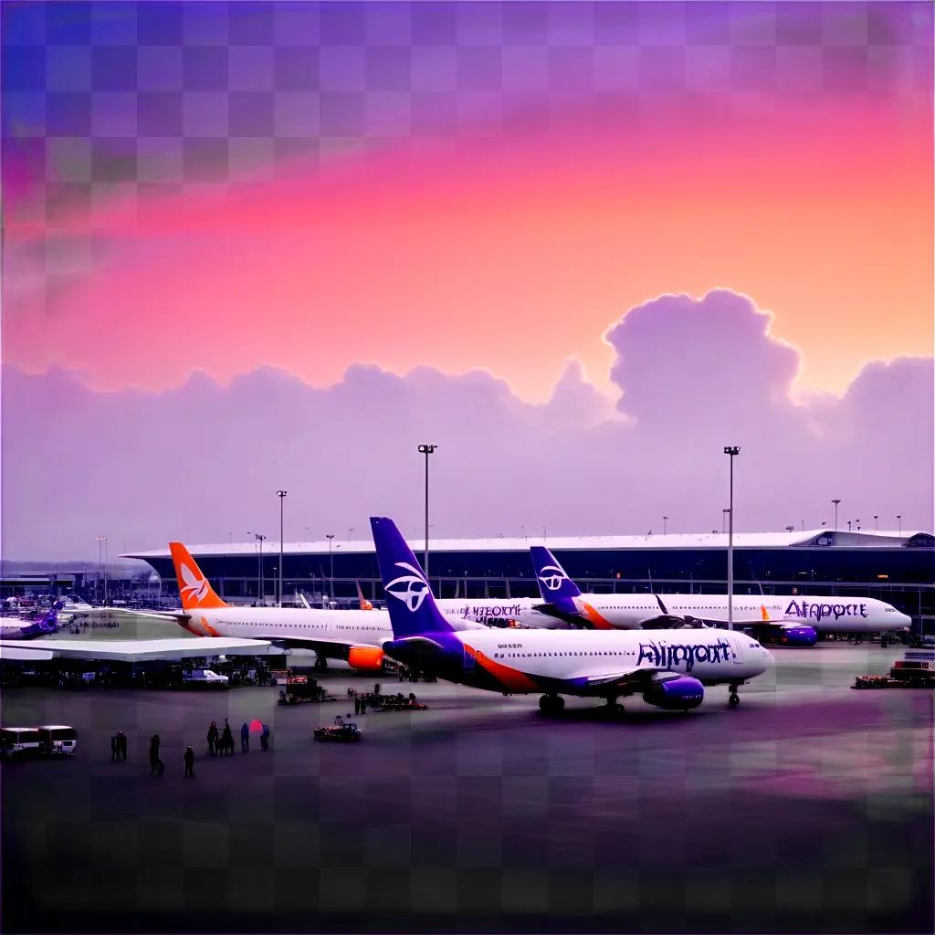 rport with planes parked at gates during sunset