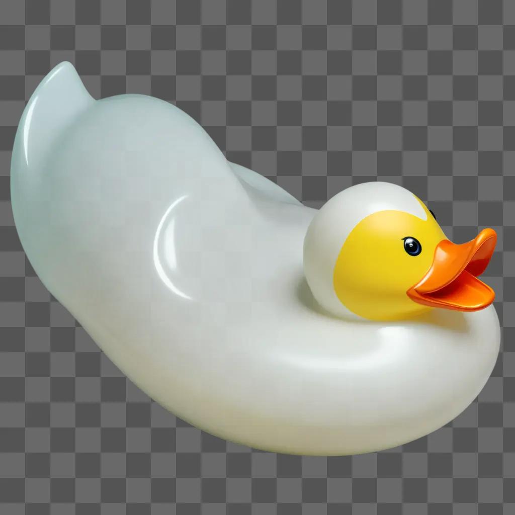 rubber duck with orange beak and yellow body floats on a white surface