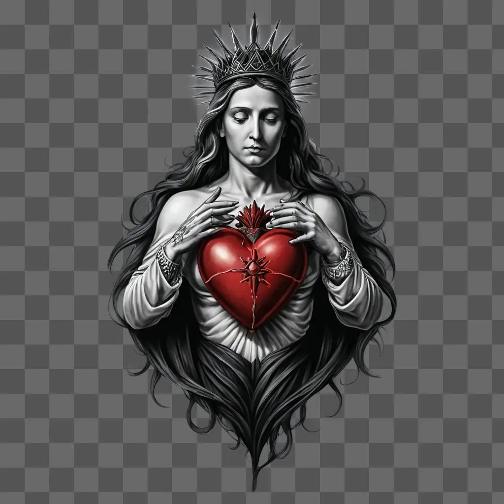 sacred heart tattoo A woman wearing a crown and holding a broken heart