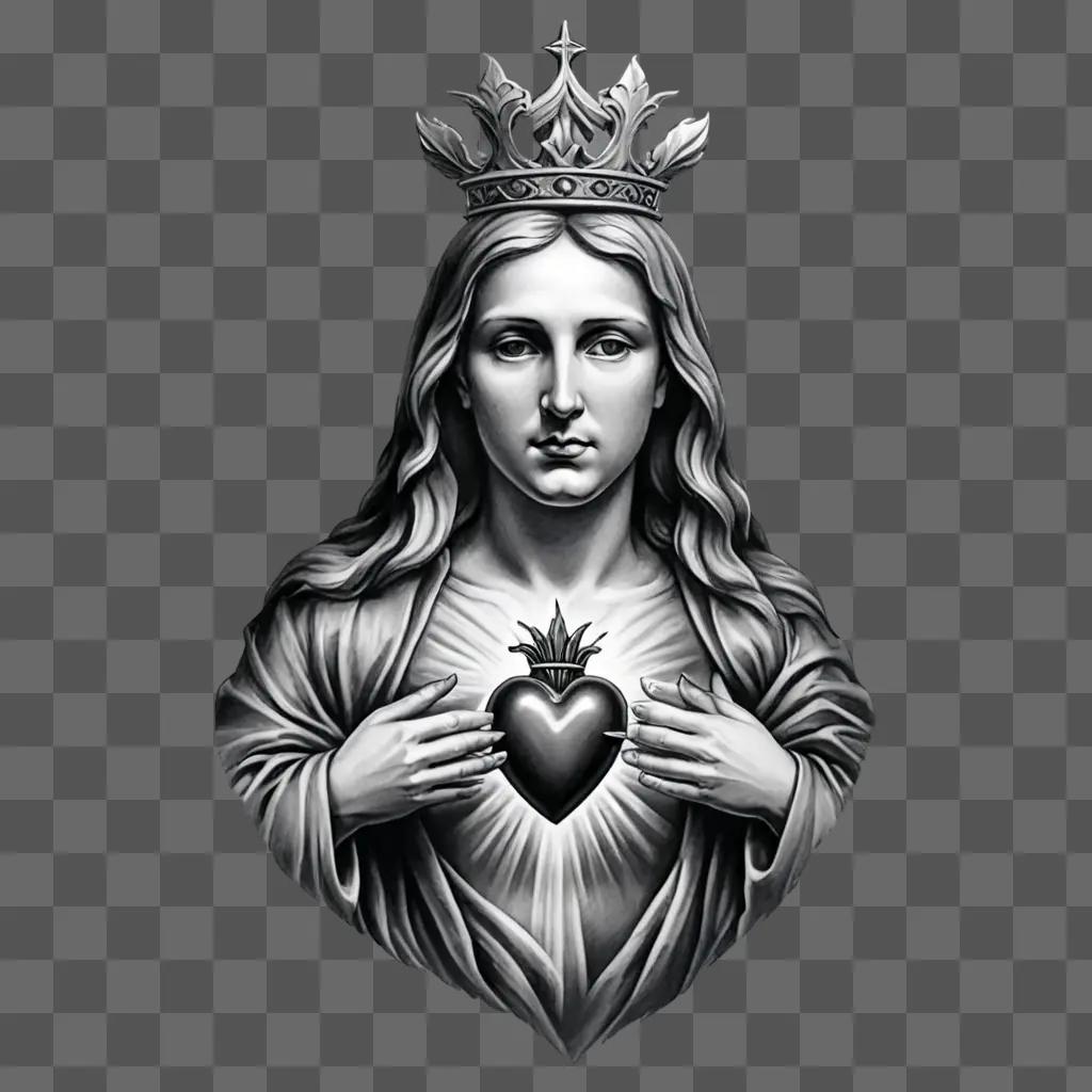 sacred heart tattoo Black and white image of a woman holding a heart