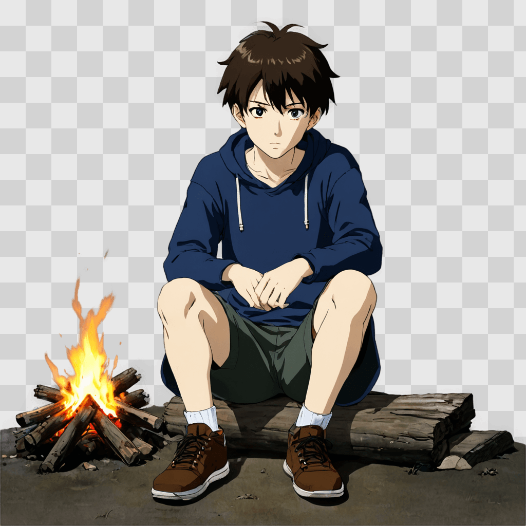 sad anime boy A boy sits by a fire in a forest