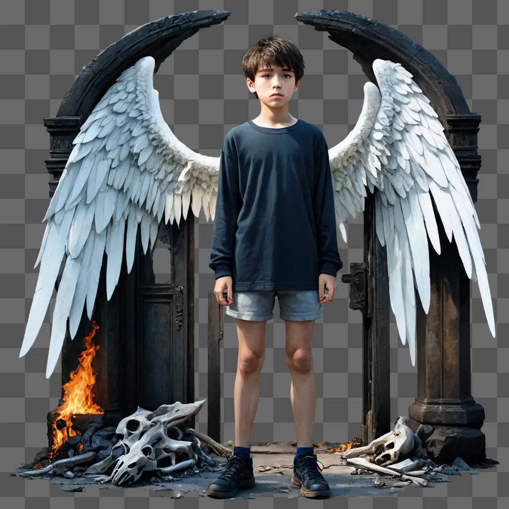 sad anime boy A boy stands before a large angelic wing