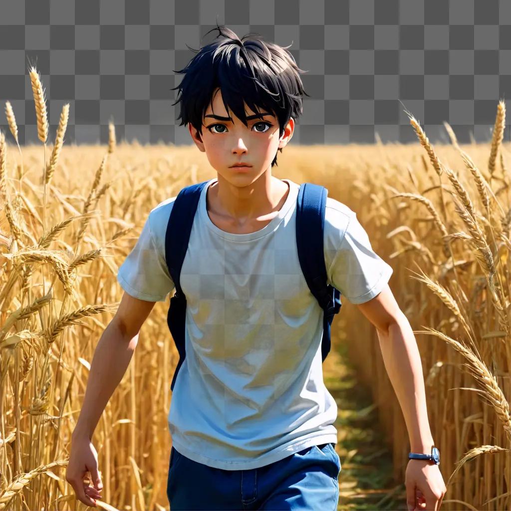 sad anime boy A boy with a backpack walking in the wheat field