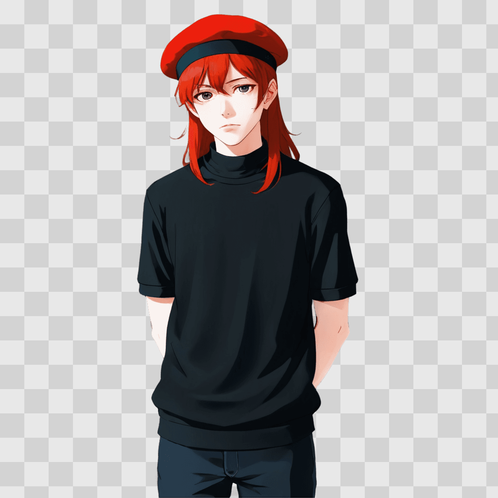 sad anime boy A cartoon character with a black shirt and a red hat