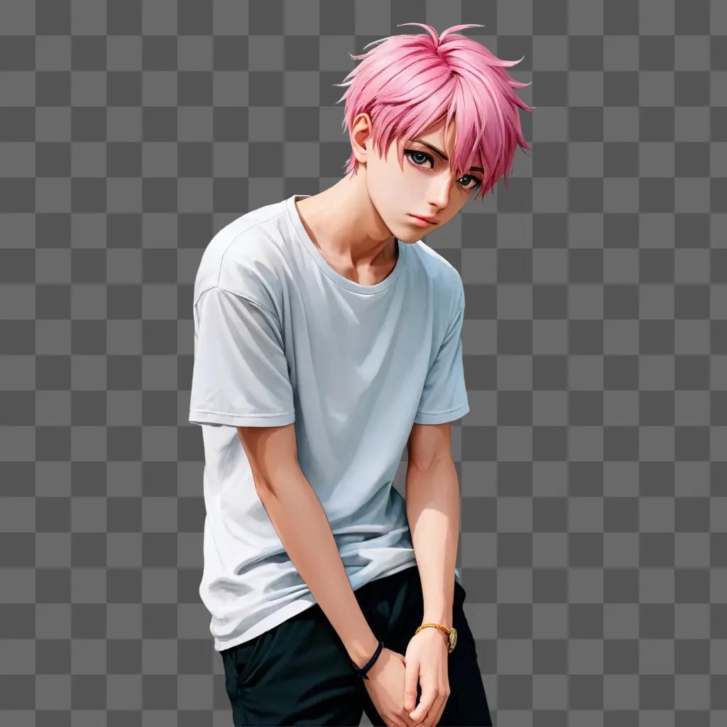 sad anime boy A cartoon character with pink hair and a white shirt