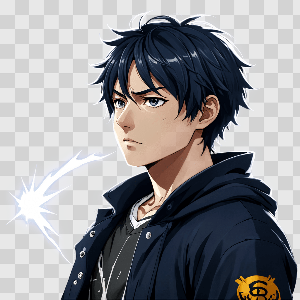 sad anime boy A dark-haired man in a blue jacket and black hoodie