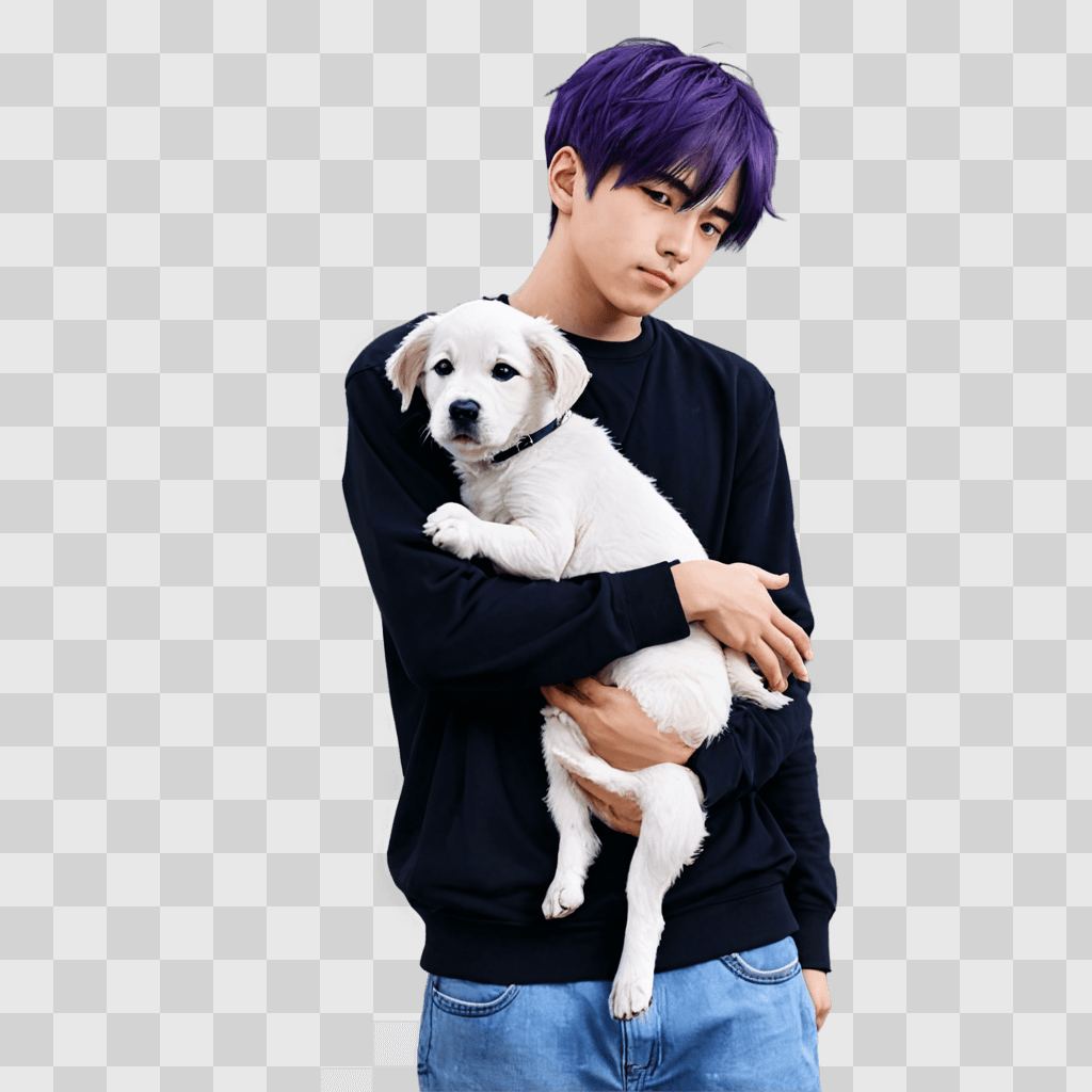 sad anime boy A man with purple hair holding a dog