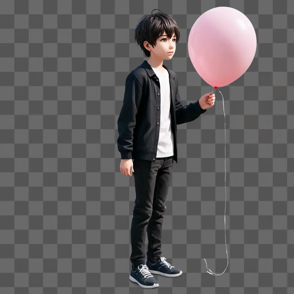 sad anime boy A young boy holds a pink balloon in his hand