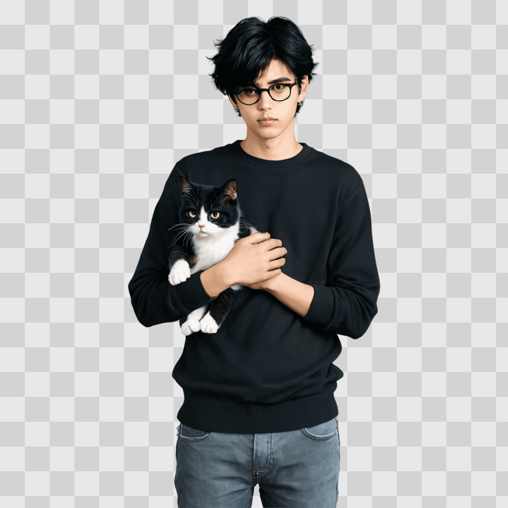 sad anime boy A young man with glasses holds a cat in his arms