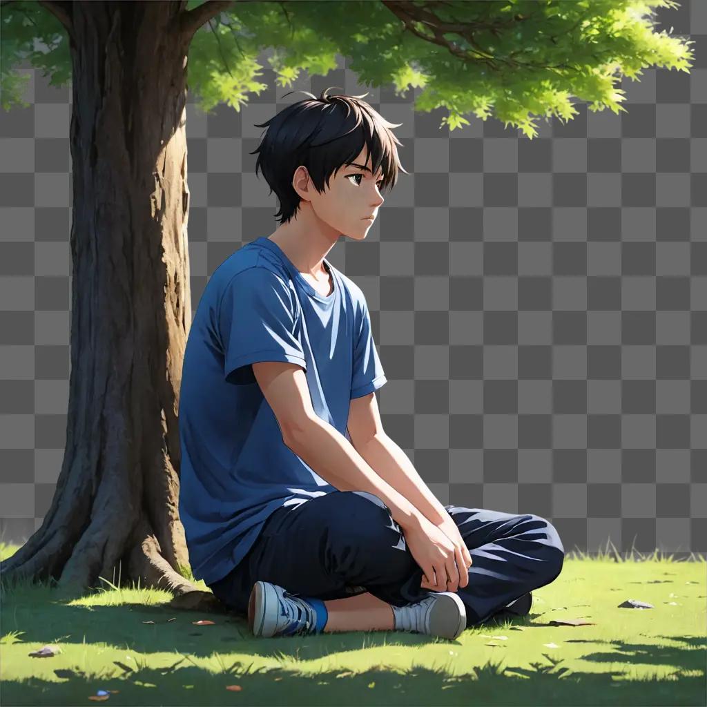 sad anime boy An anime character sits under a tree in the park