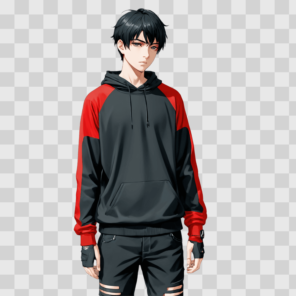 sad anime boy An anime character wearing a red and black hoodie