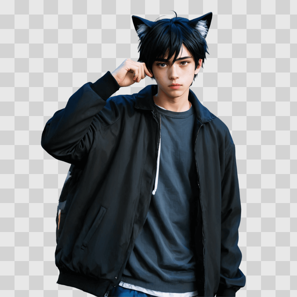 sad anime boy Young boy with cat ears and a jacket