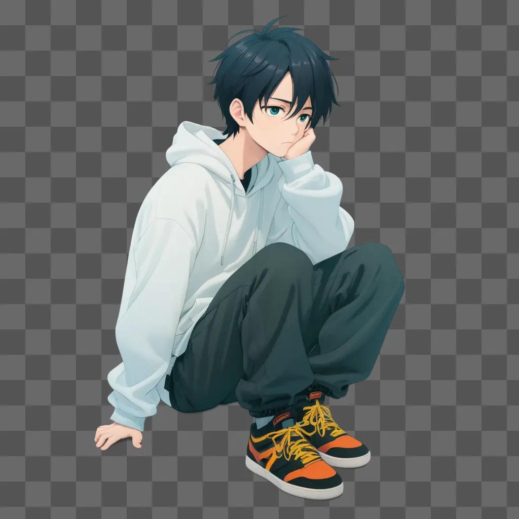 sad anime boy sits on the ground