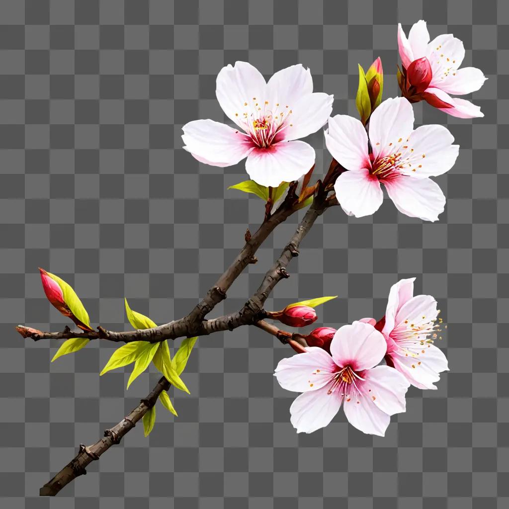 sakura flower drawing A blossoming branch with flowers and green leaves