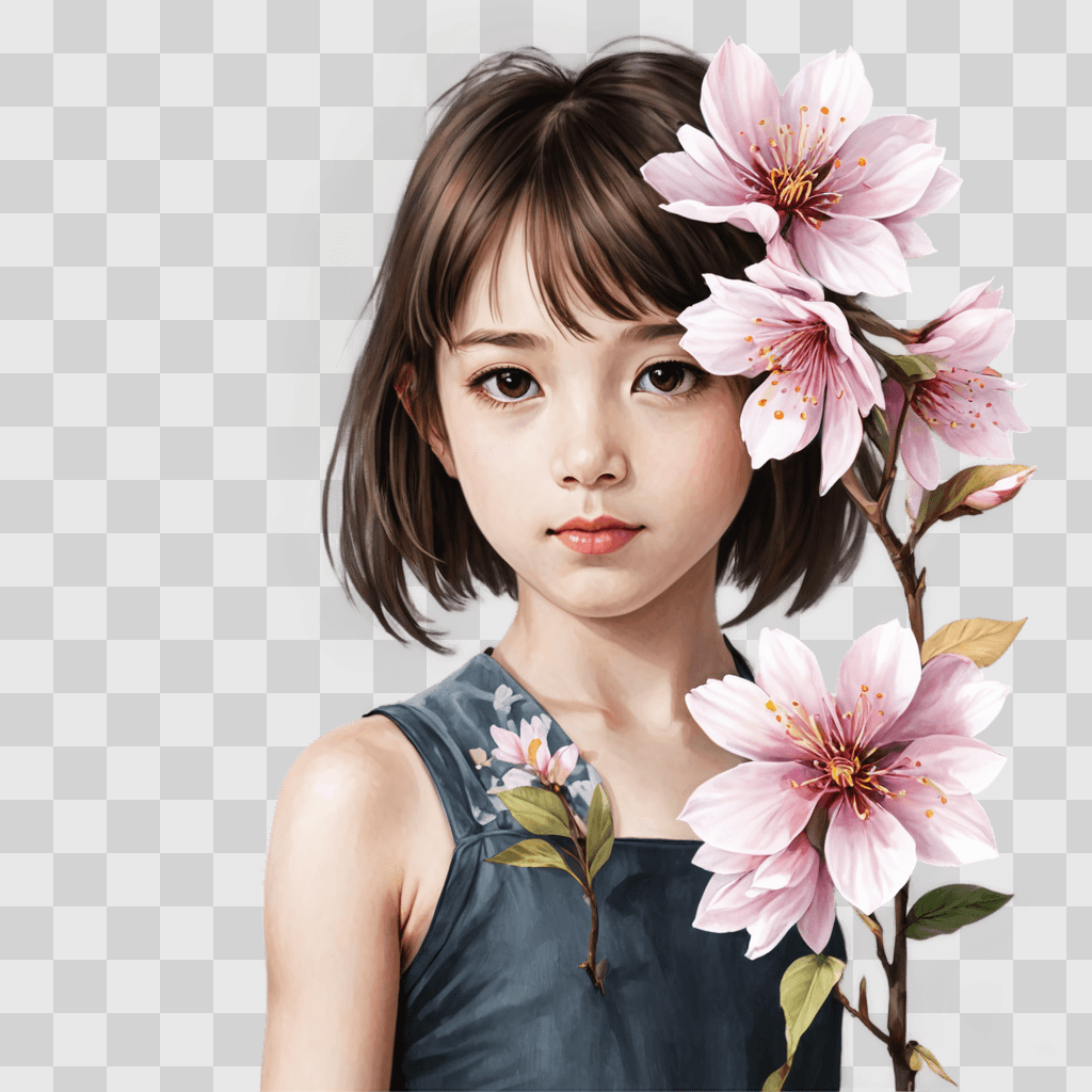 sakura flower drawing A girl with flowers in her hair