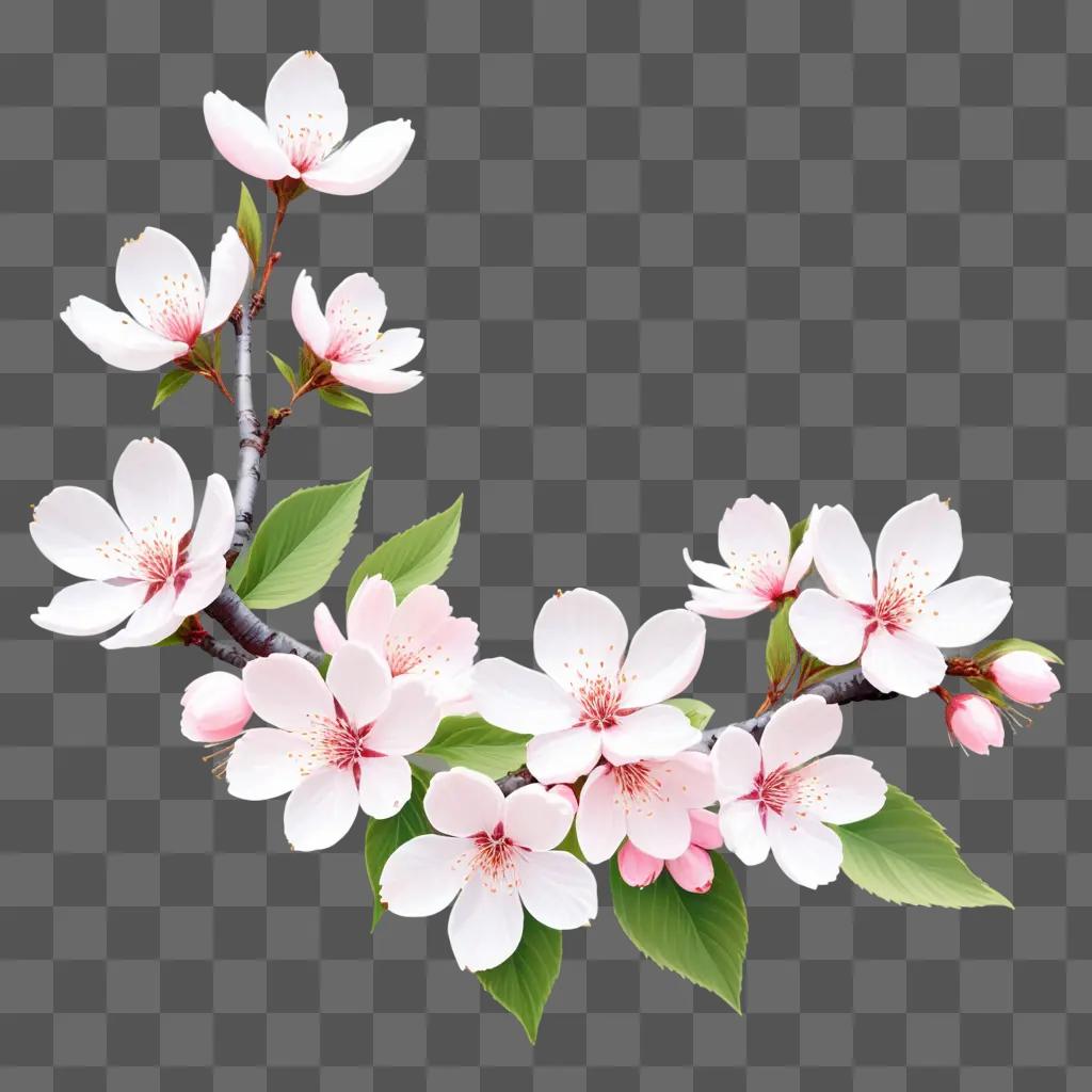 sakura flower drawing with pink blossoms and green leaves