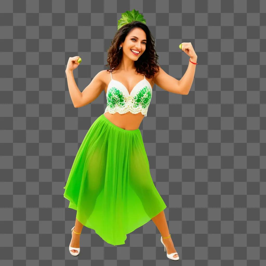 salsinha woman flexes her muscles in a green dress