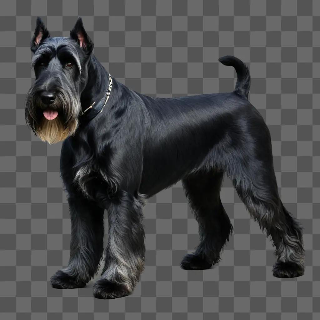 salt and pepper giant schnauzer Black dog with long tongue standing against dark background