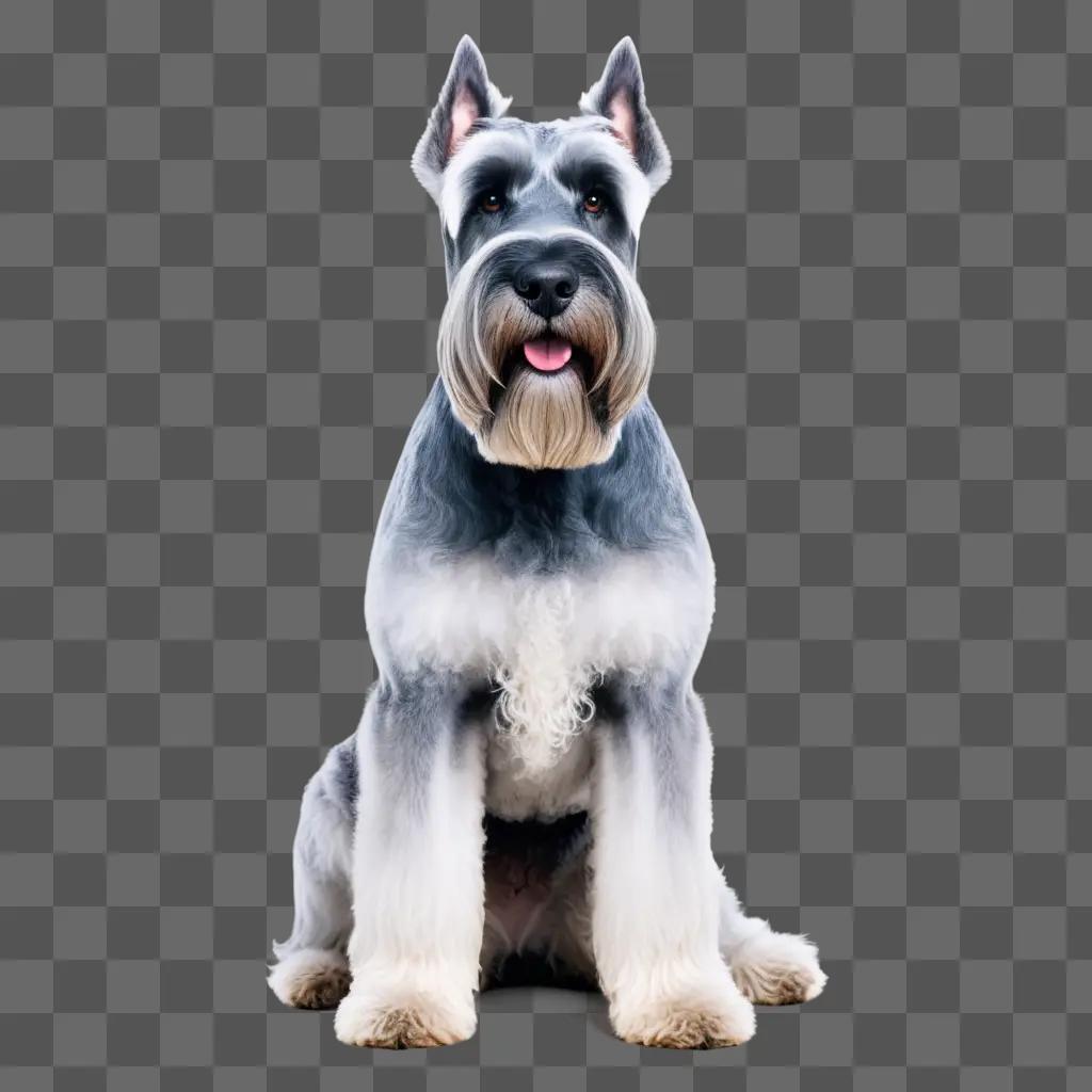 salt and pepper giant schnauzer sits with its tongue out on a gray background