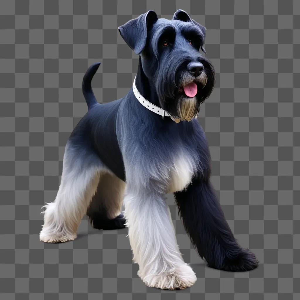 salt and pepper giant schnauzer stands in a black background