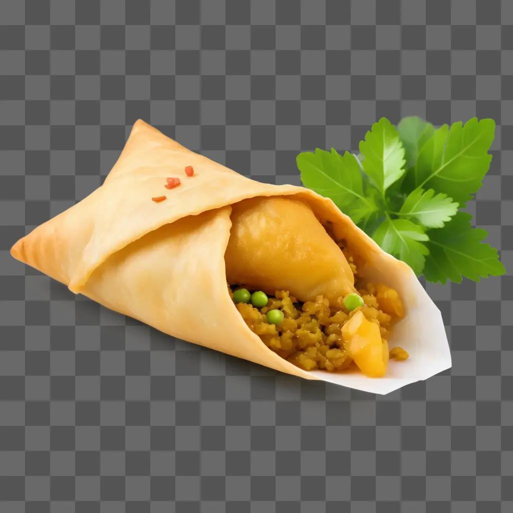 samosa with peas and a green leaf beside it