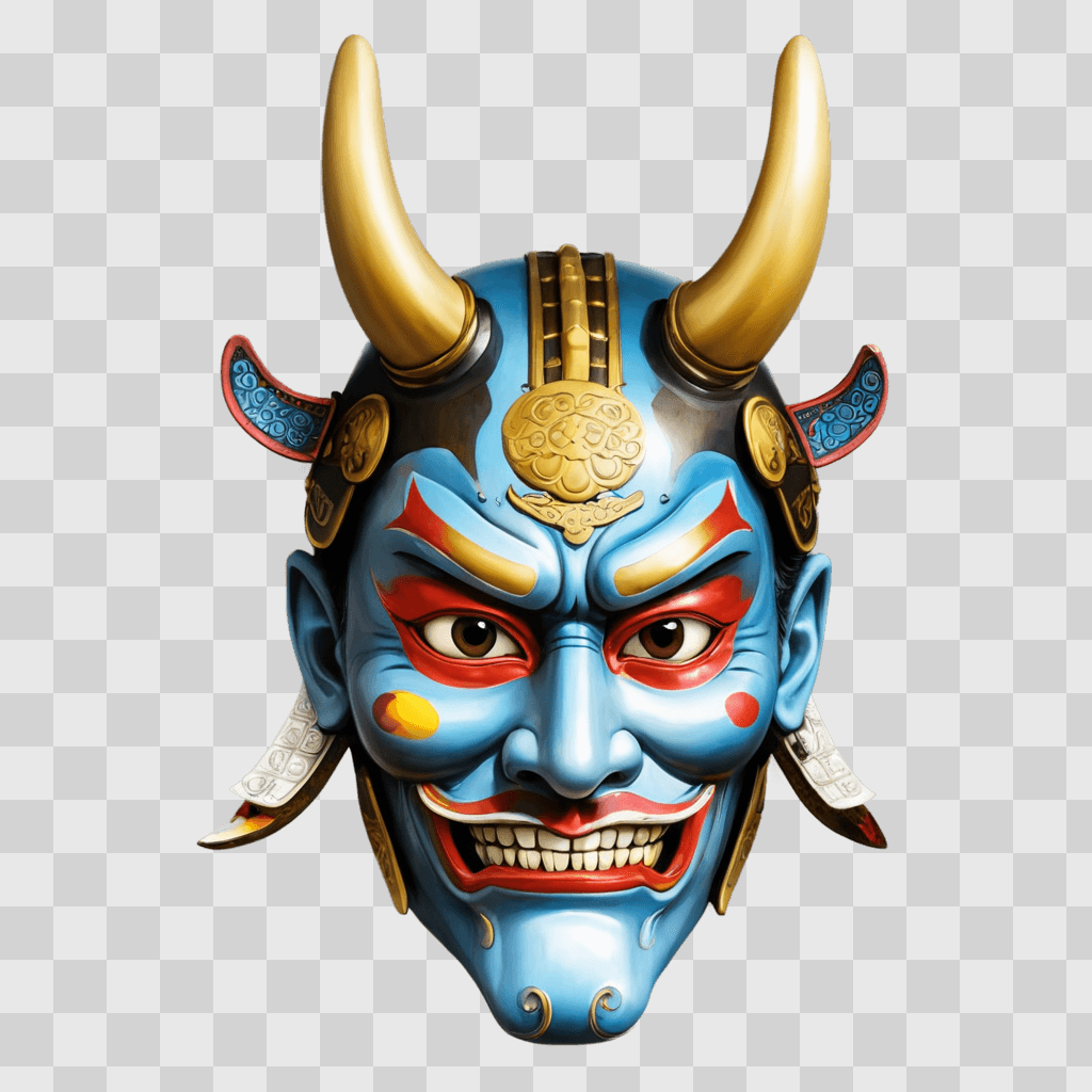 samurai mask drawing A blue mask with horns and a red face