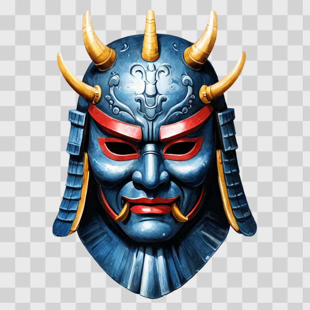 samurai mask drawing A blue mask with red horns and gold accents