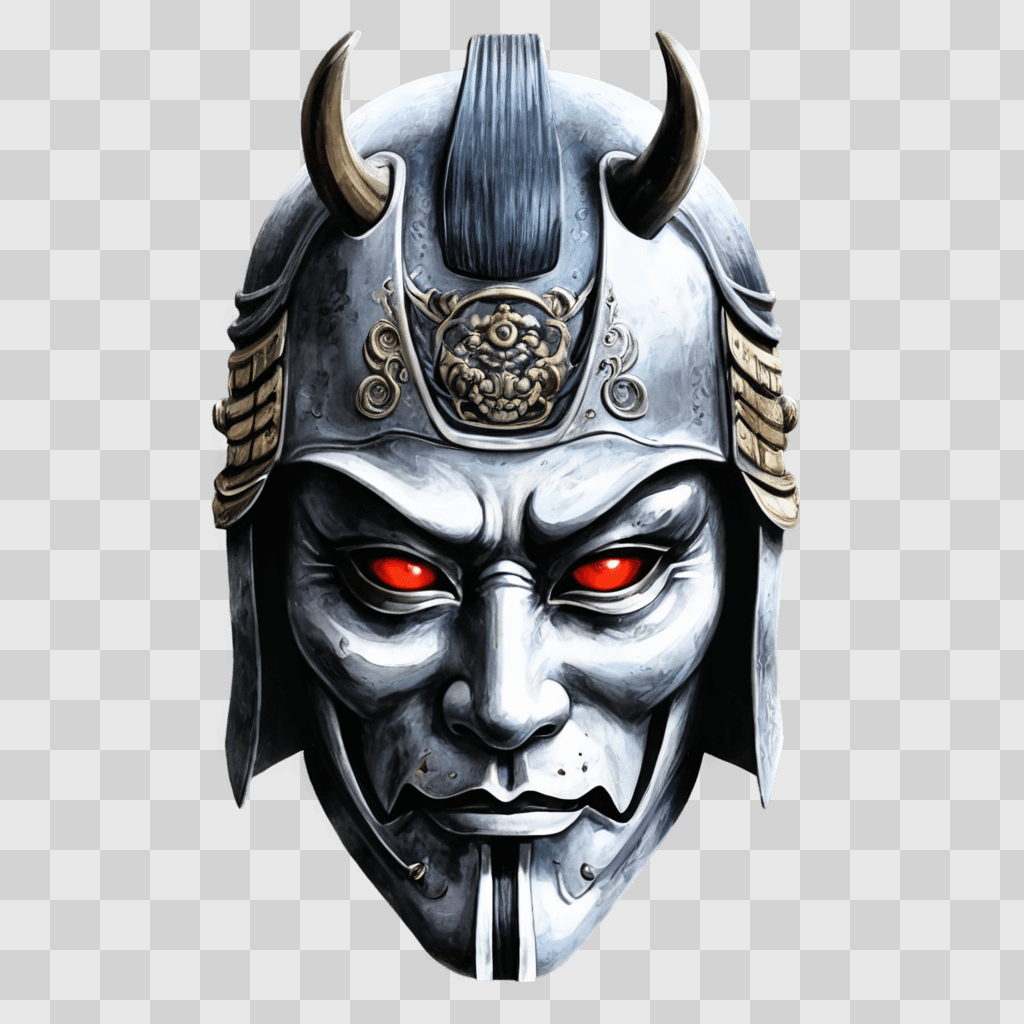 samurai mask drawing A metal mask with red eyes and horns